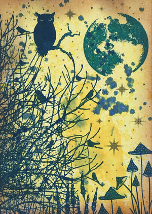 "The Bush and the Owl", Archival Ink on Watercolor